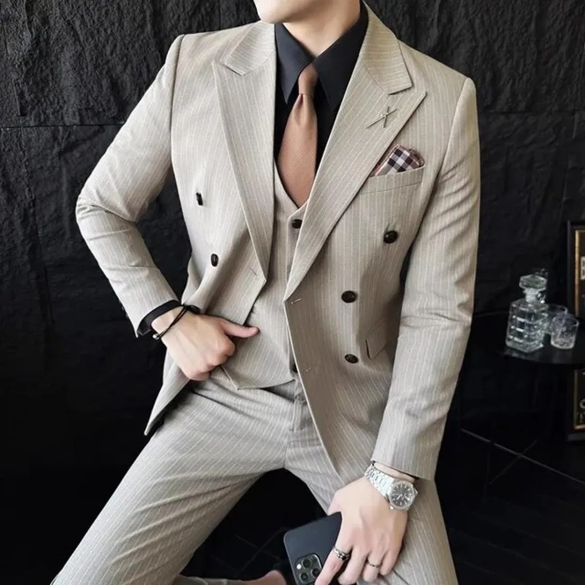 2023 moda nuovi uomini casual boutique business a righe slim fit abito da sposa vestito cappotto set maschile 3 pezzi blazer gia