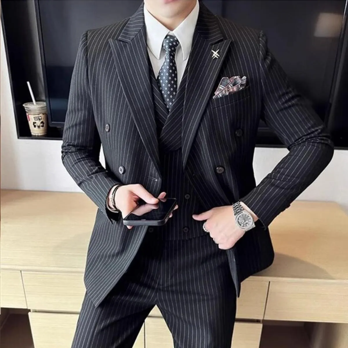 2023 moda nuovi uomini casual boutique business a righe slim fit abito da sposa vestito cappotto set maschile 3 pezzi blazer gia