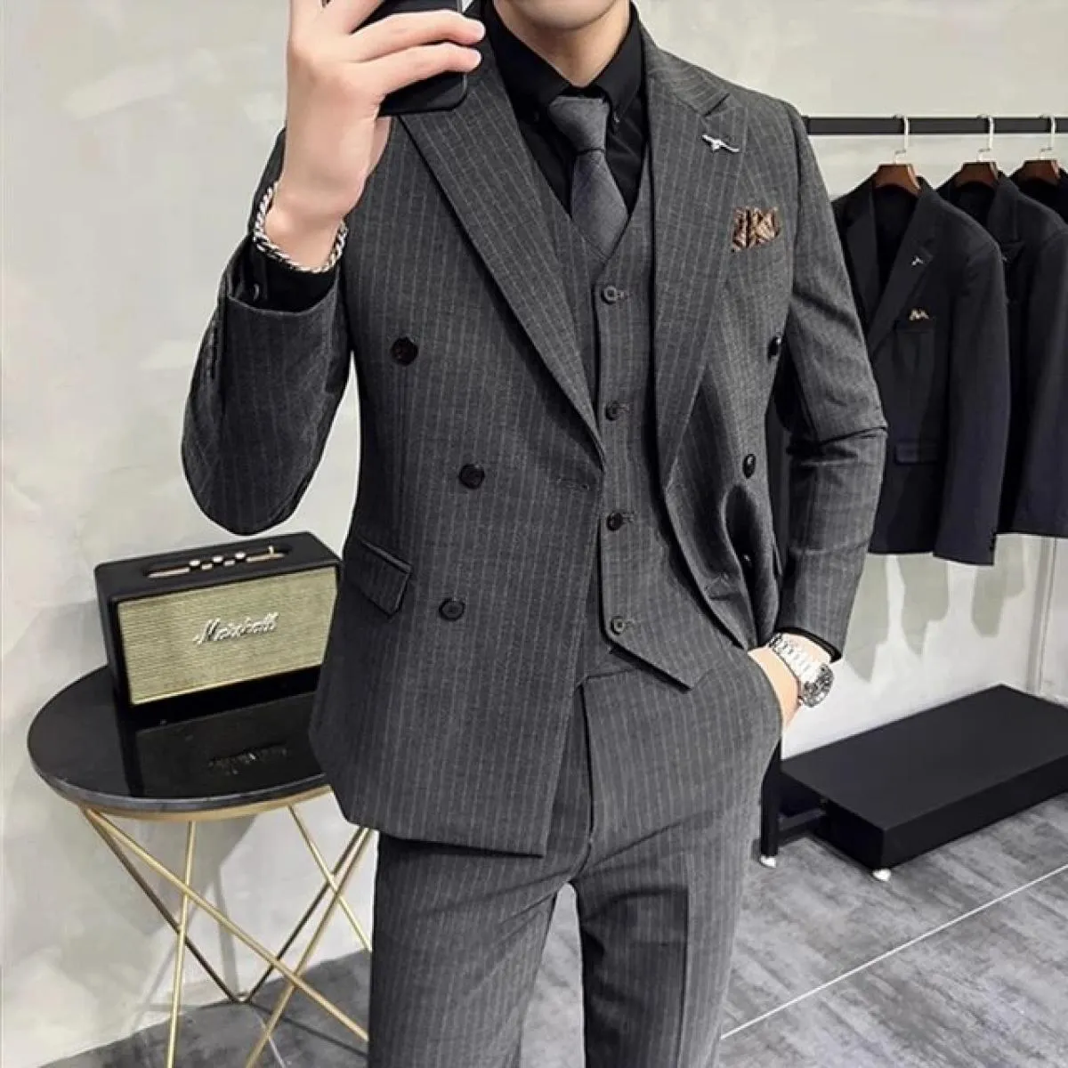 2023 moda nuovi uomini casual boutique business a righe slim fit abito da sposa vestito cappotto set maschile 3 pezzi blazer gia