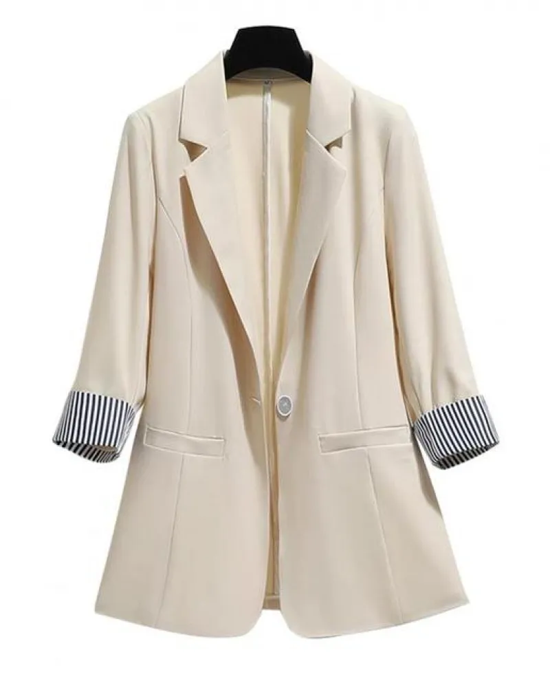 34 tasche ai polsini patchwork a righe con maniche Blazer da donna in tinta unita bavero con bottone singolo Cappotto da lavoro