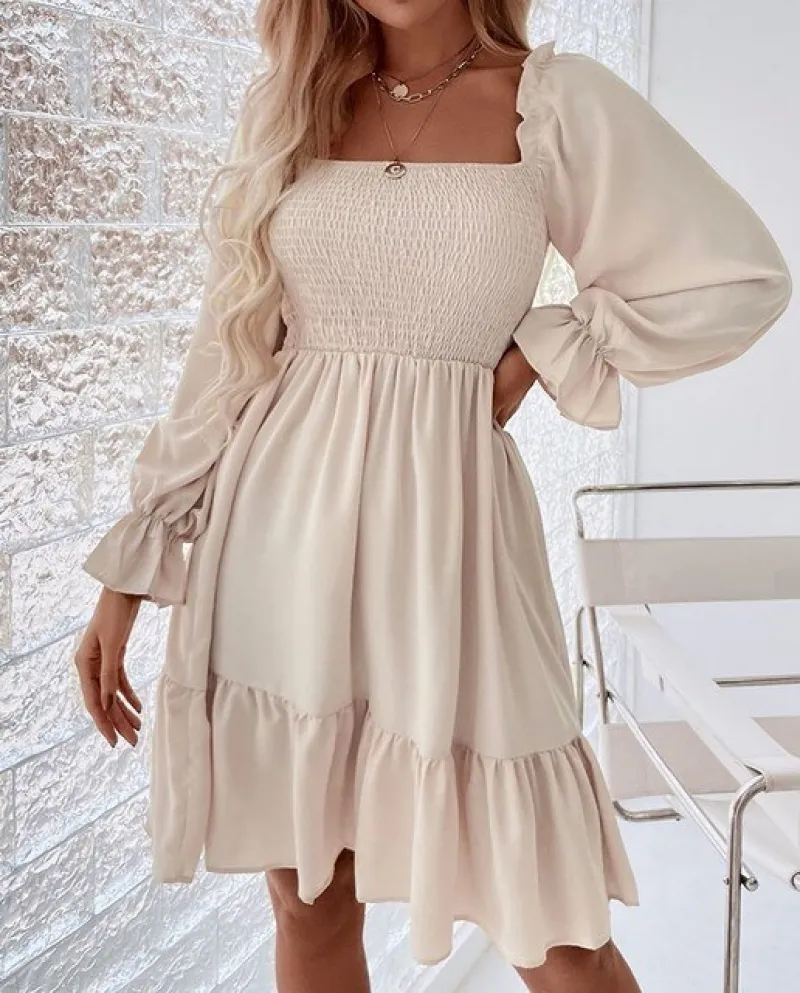 Abito da donna a vita alta con balza Abito da donna con colletto quadrato in tinta unita Abito longuette a maniche lunghe autunn