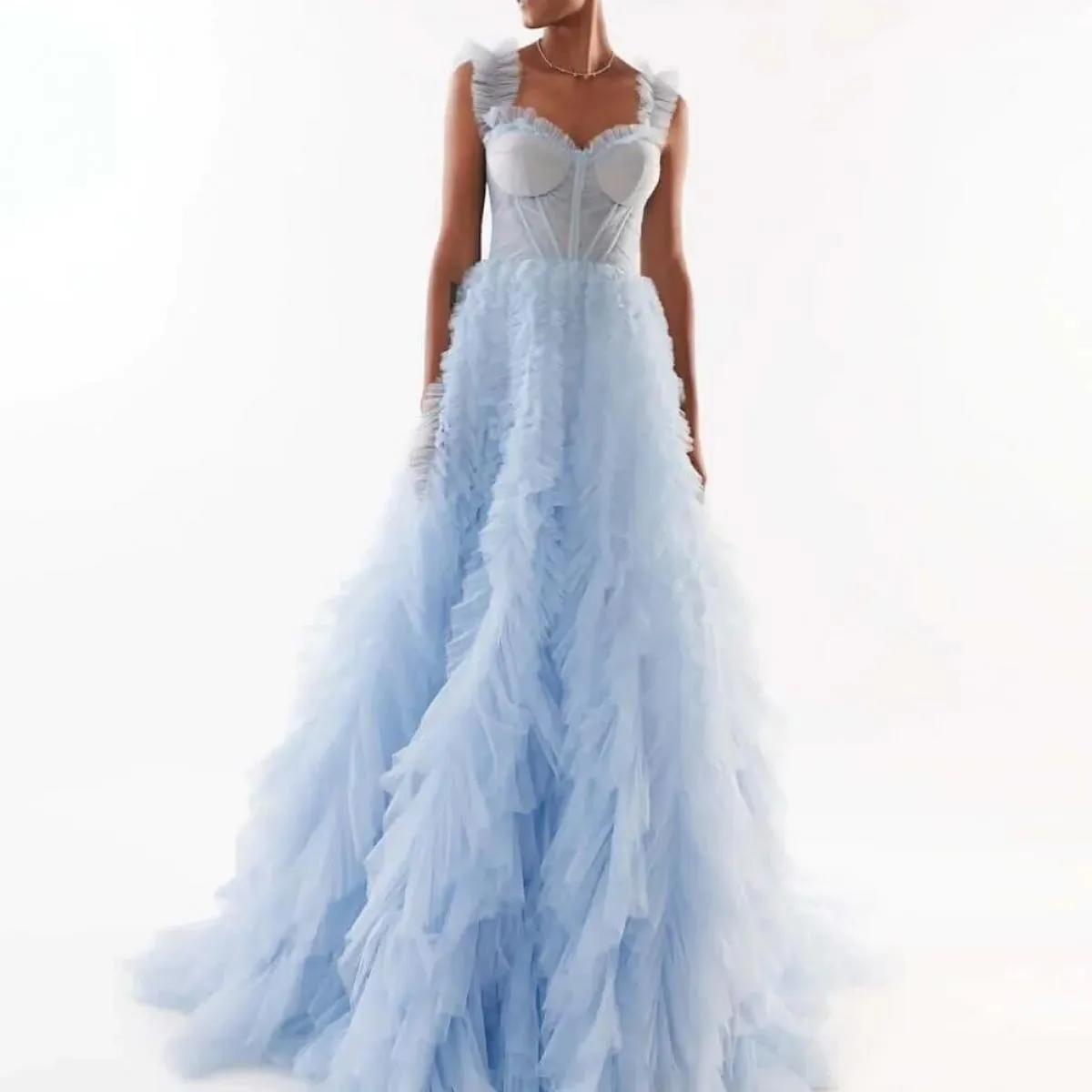 Abito da sera soffice tutto arruffato azzurro Abito lungo da ballo maxi Abiti da festa Volant di moda Abito formale in tulle Cus