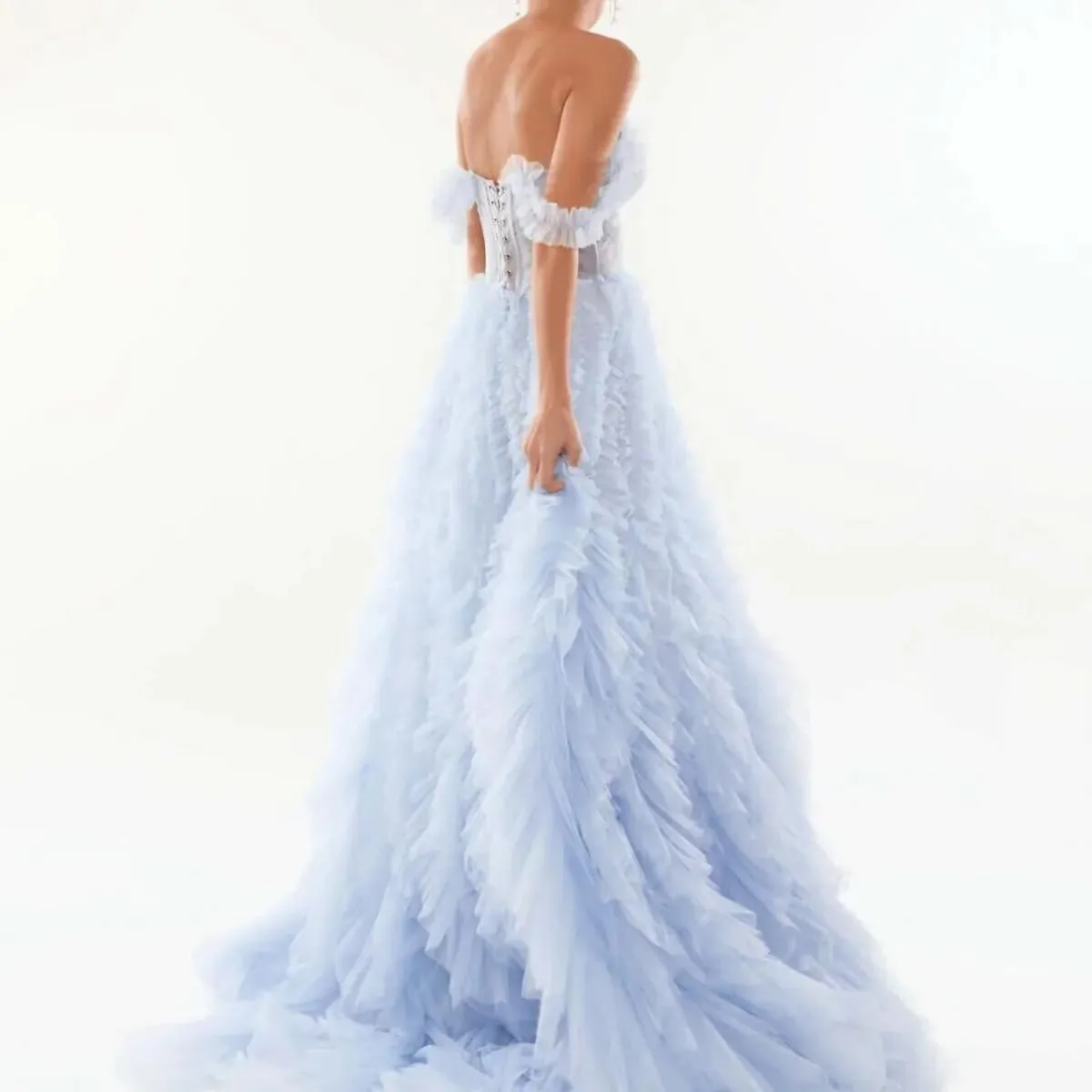 Abito da sera soffice tutto arruffato azzurro Abito lungo da ballo maxi Abiti da festa Volant di moda Abito formale in tulle Cus
