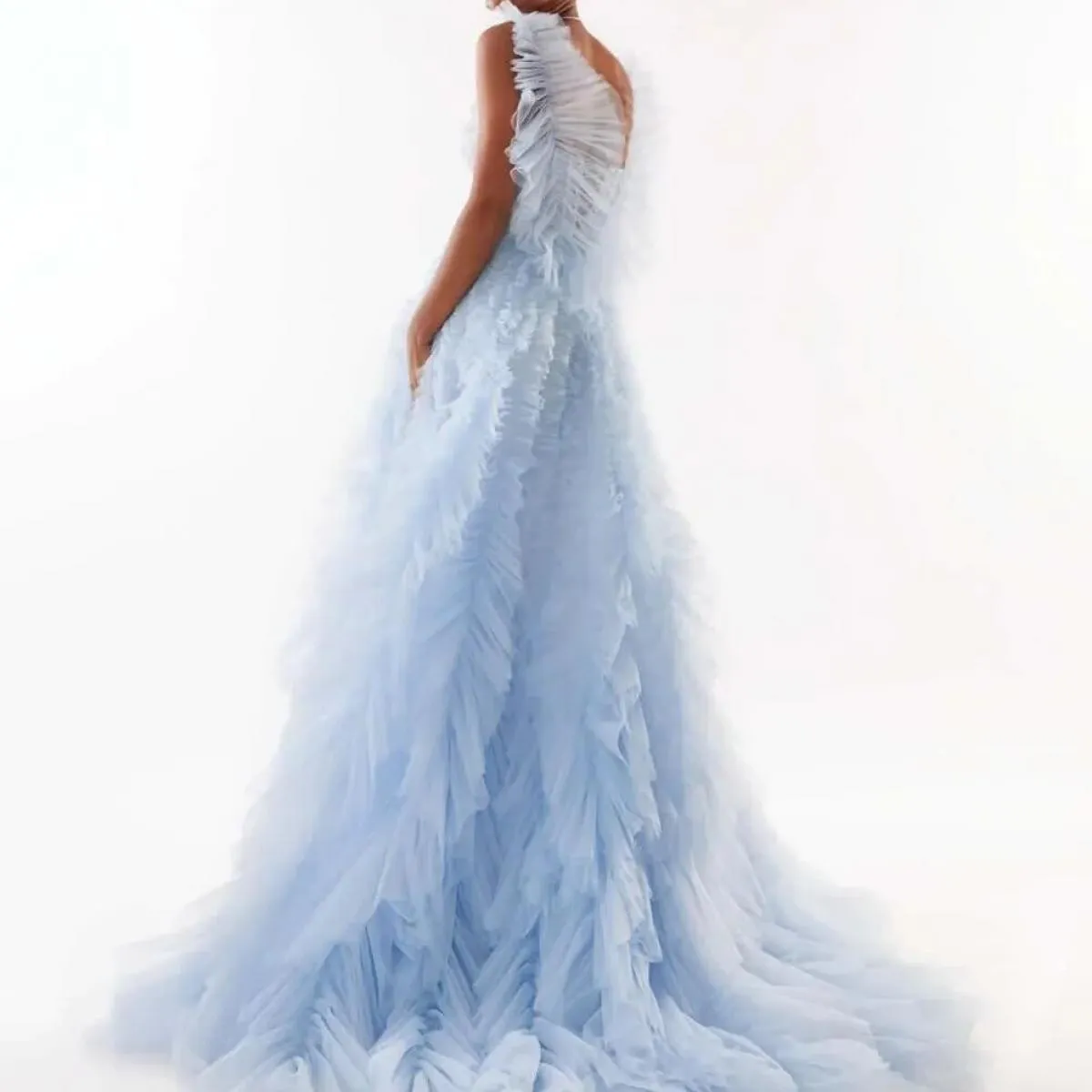Abito da sera soffice tutto arruffato azzurro Abito lungo da ballo maxi Abiti da festa Volant di moda Abito formale in tulle Cus