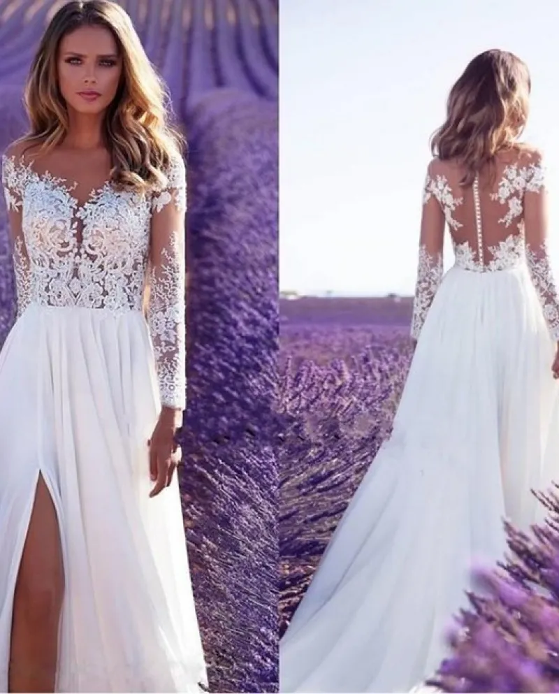 Abito da sposa in pizzo di temperamento Abito da sera trasparente Abito da damigella donore da donna spaccato Abito lungo Abito
