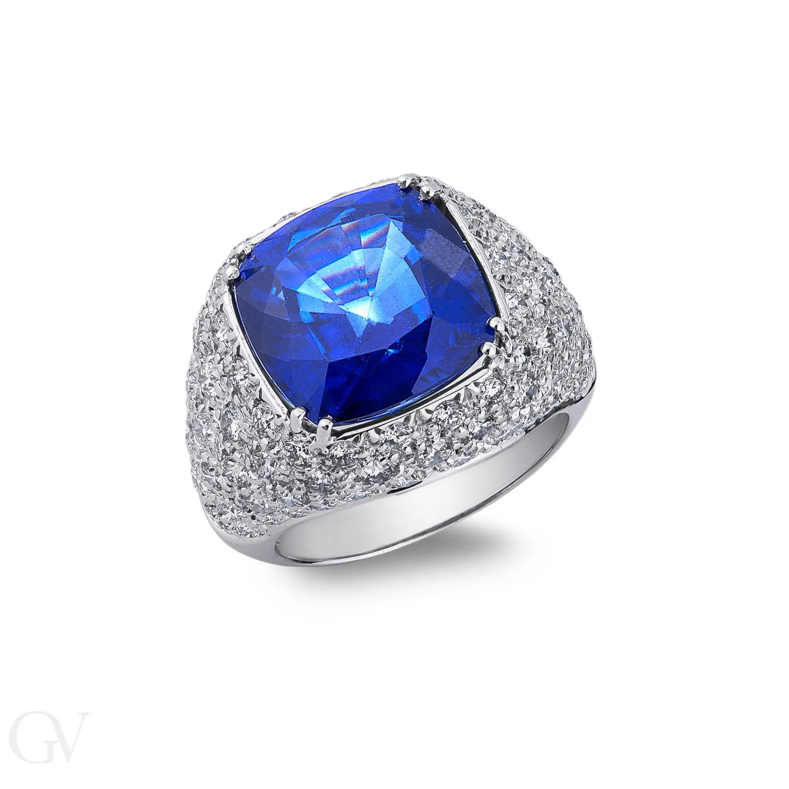 Anello in Oro bianco 18k con centrale in zaffiro blu e pavè di diamanti