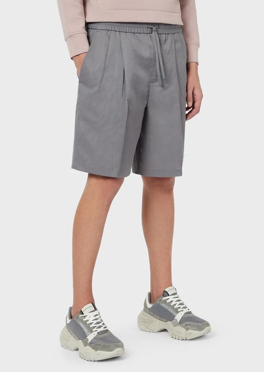 Bermuda con coulisse in twill di lana e lino