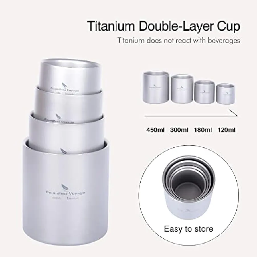 Boundless Voyage 3 in 1 – Set di tazze da tè in titanio a doppia parete, isolate, da campeggio, da tavola, 120, 180, 300 ml 2342
