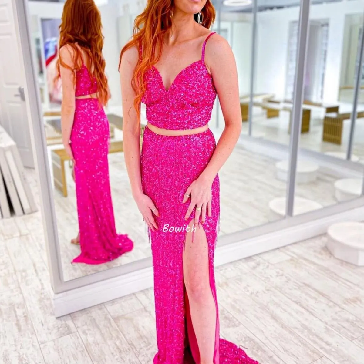 Bowith Abiti da sera lucidi Abito da ballo con paillettes 2 pezzi Abiti da sera Abito da festa Robe De Soiree Abito natalizio Ev