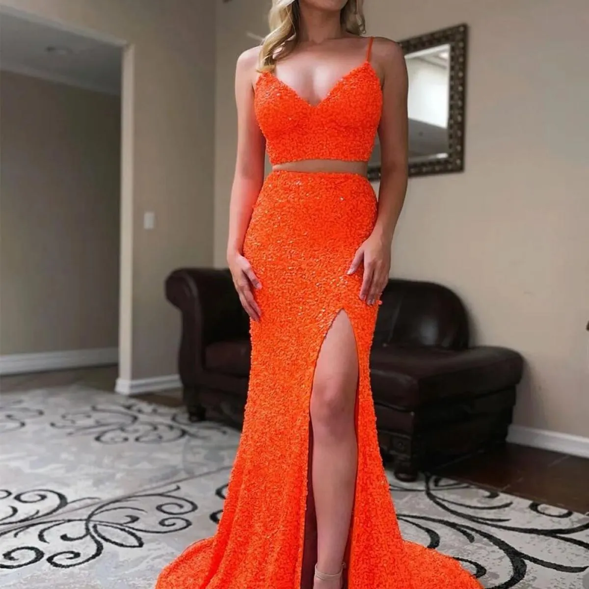 Bowith Abiti da sera lucidi Abito da ballo con paillettes 2 pezzi Abiti da sera Abito da festa Robe De Soiree Abito natalizio Ev