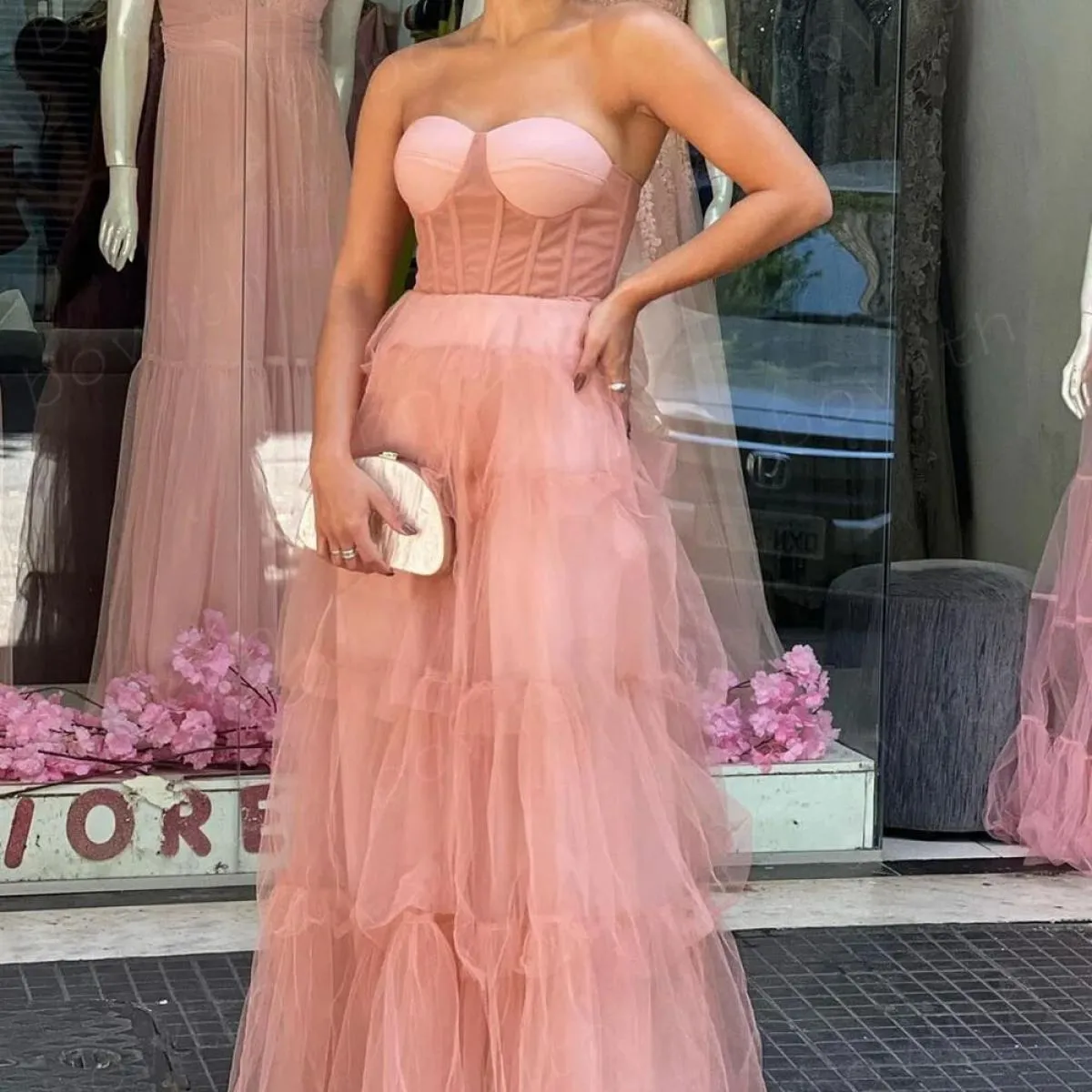 Bowith Blush, Blush, Abito da sera, Abiti da donna eleganti per la festa, 2023, Abito da ballo senza spalline, a strati, Robe De