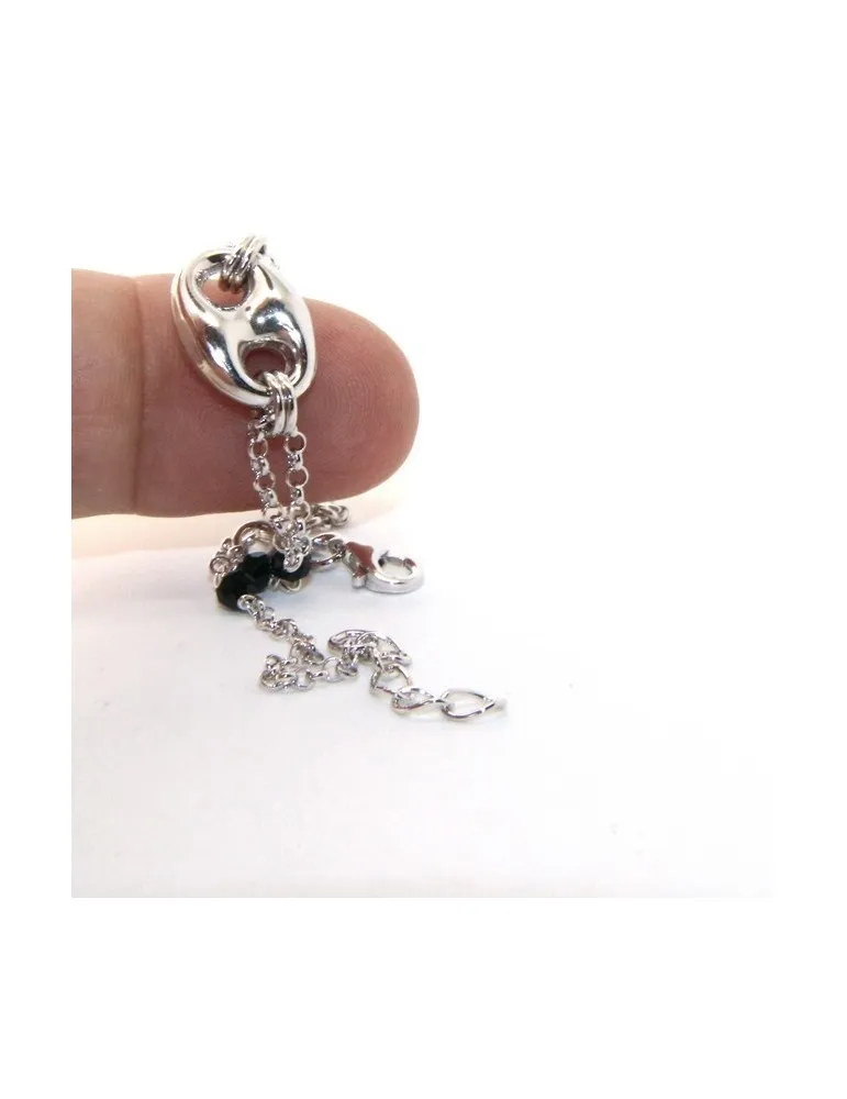Bracciale uomo donna ragazzo Argento 925 lavorazione a rosario cristallo nero con maglia marina bombata 15,00-18,00 cm