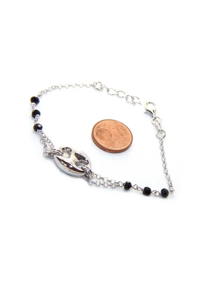 Bracciale uomo donna ragazzo Argento 925 lavorazione a rosario cristallo nero con maglia marina bombata 15,00-18,00 cm