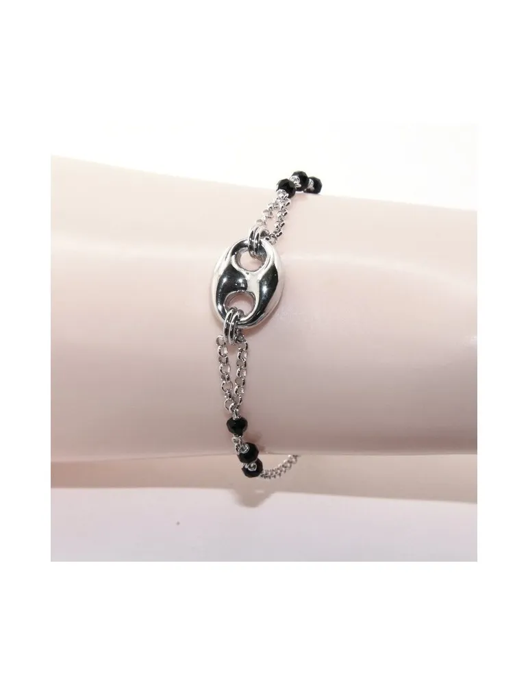 Bracciale uomo donna ragazzo Argento 925 lavorazione a rosario cristallo nero con maglia marina bombata 15,00-18,00 cm