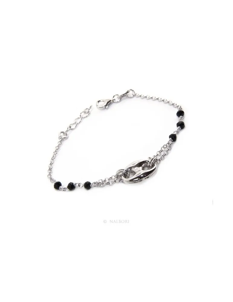 Bracciale uomo donna ragazzo Argento 925 lavorazione a rosario cristallo nero con maglia marina bombata 15,00-18,00 cm