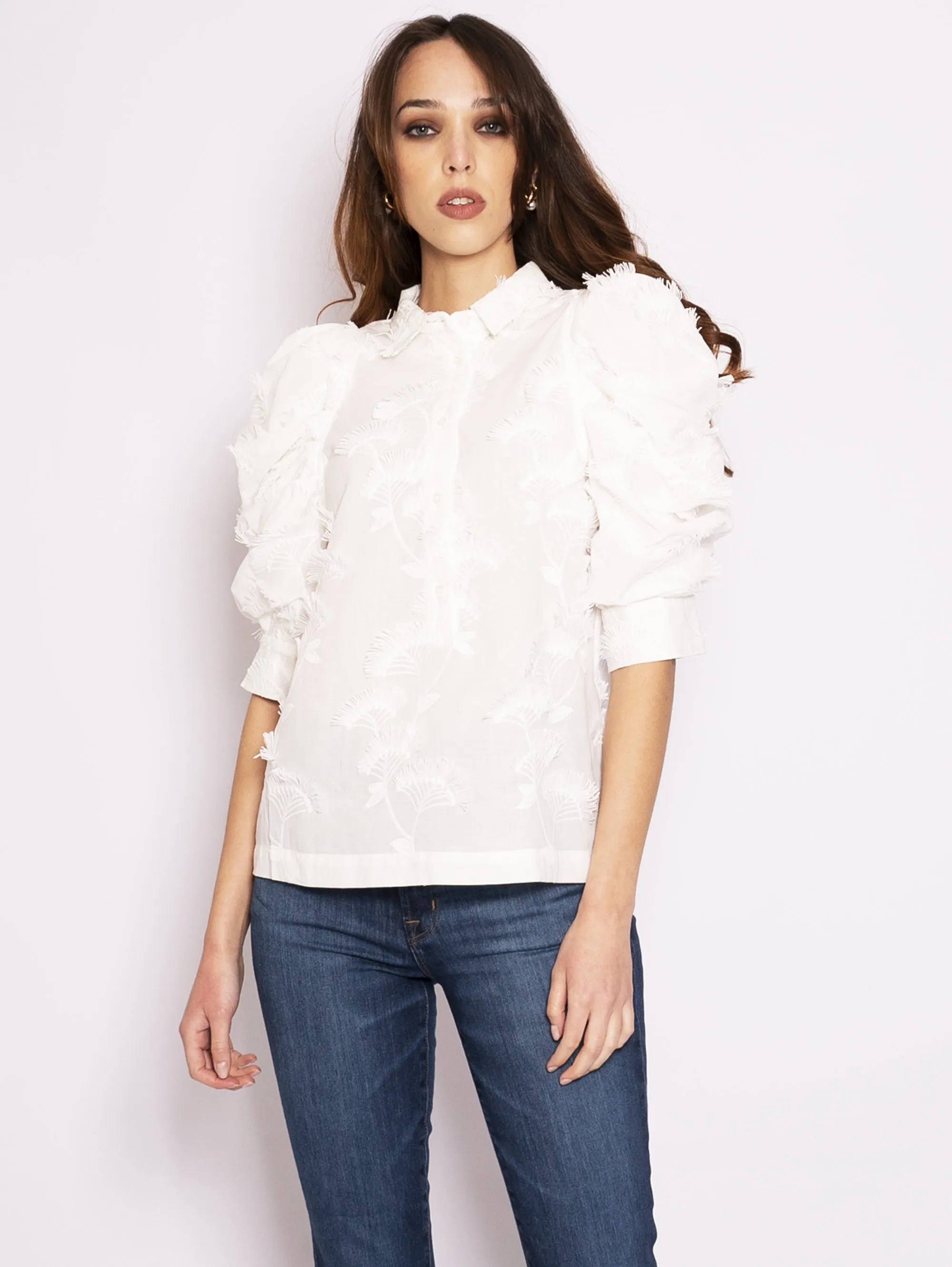Camicia a Maniche Corte con Ricami White