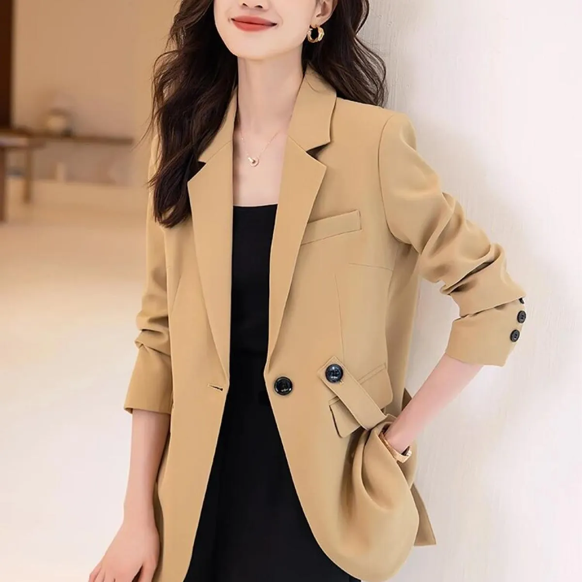 Cappotto blazer allentato da donna alla moda albicocca nero kaki giacca femminile monopetto a maniche lunghe laides per l'autunn