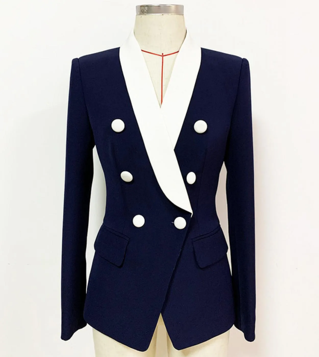 Cappotto da giacca da donna blu navy Giacca da lavoro da lavoro con collo a scialle sottile a maniche lunghe con fibbia in metal