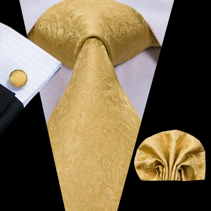 Cravatta, tasca quadrata e gemella set paisley oro giallo
