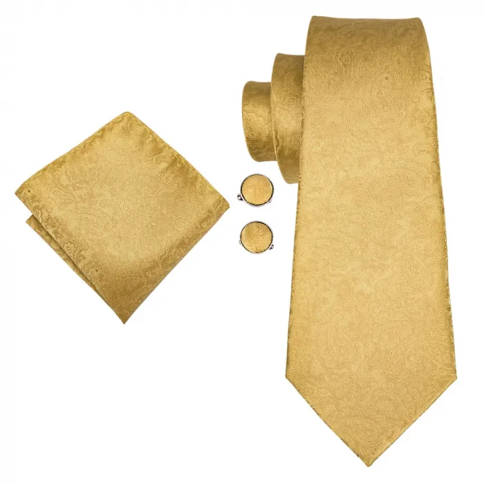 Cravatta, tasca quadrata e gemella set paisley oro giallo