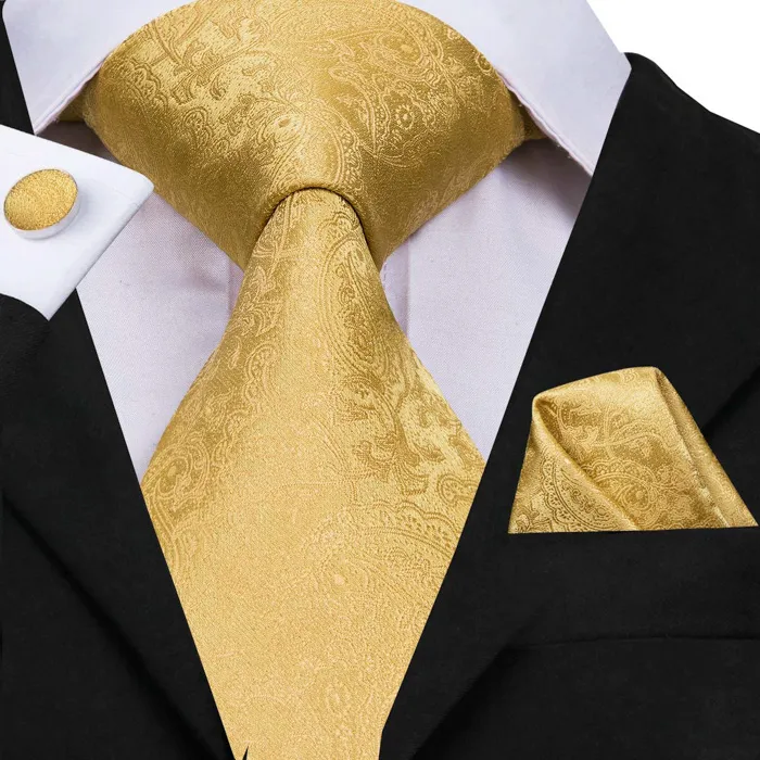 Cravatta, tasca quadrata e gemella set paisley oro giallo