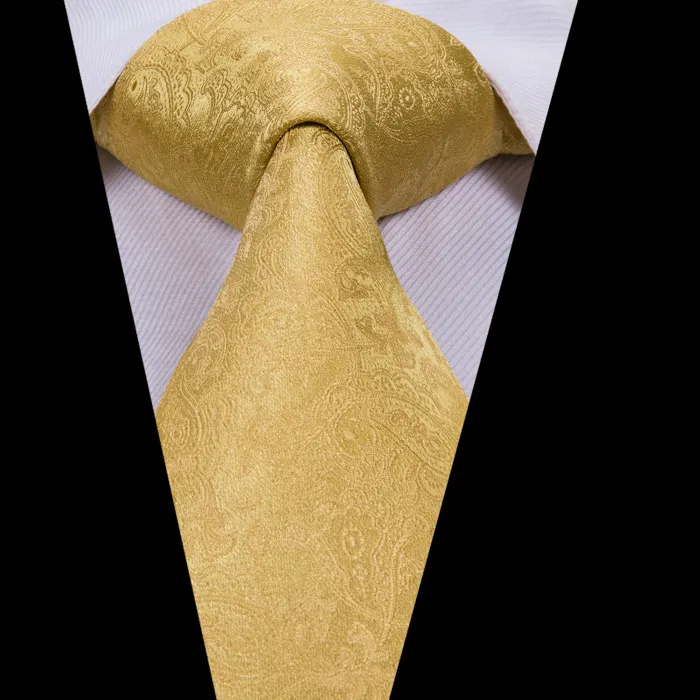 Cravatta, tasca quadrata e gemella set paisley oro giallo