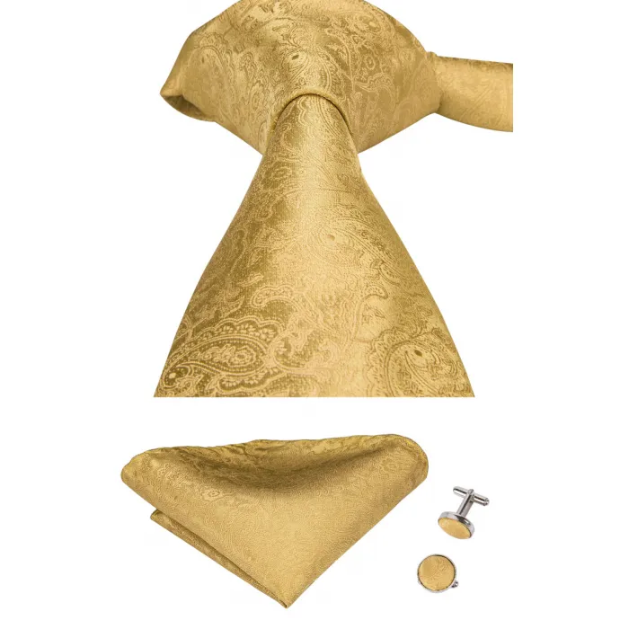 Cravatta, tasca quadrata e gemella set paisley oro giallo
