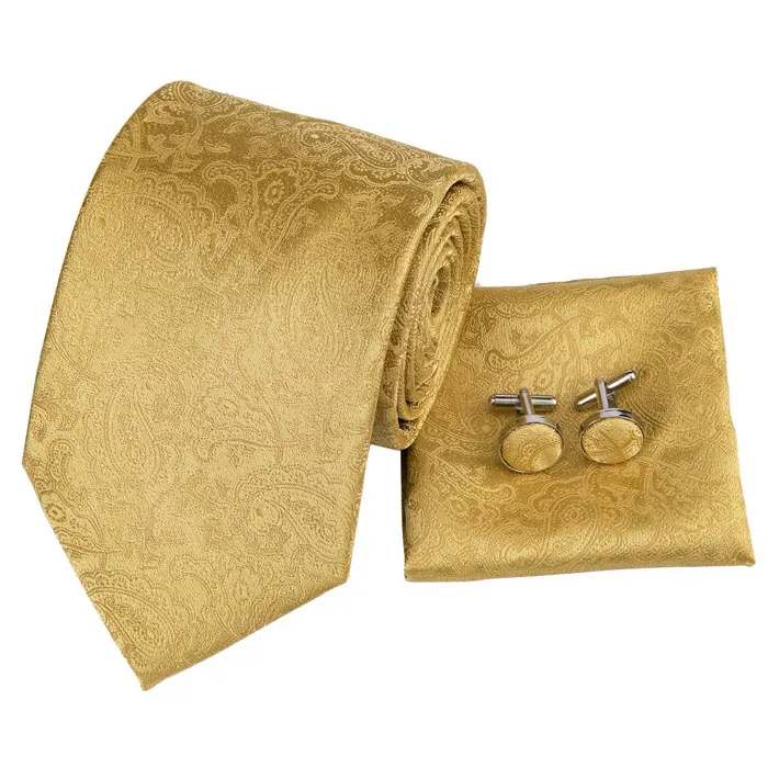 Cravatta, tasca quadrata e gemella set paisley oro giallo