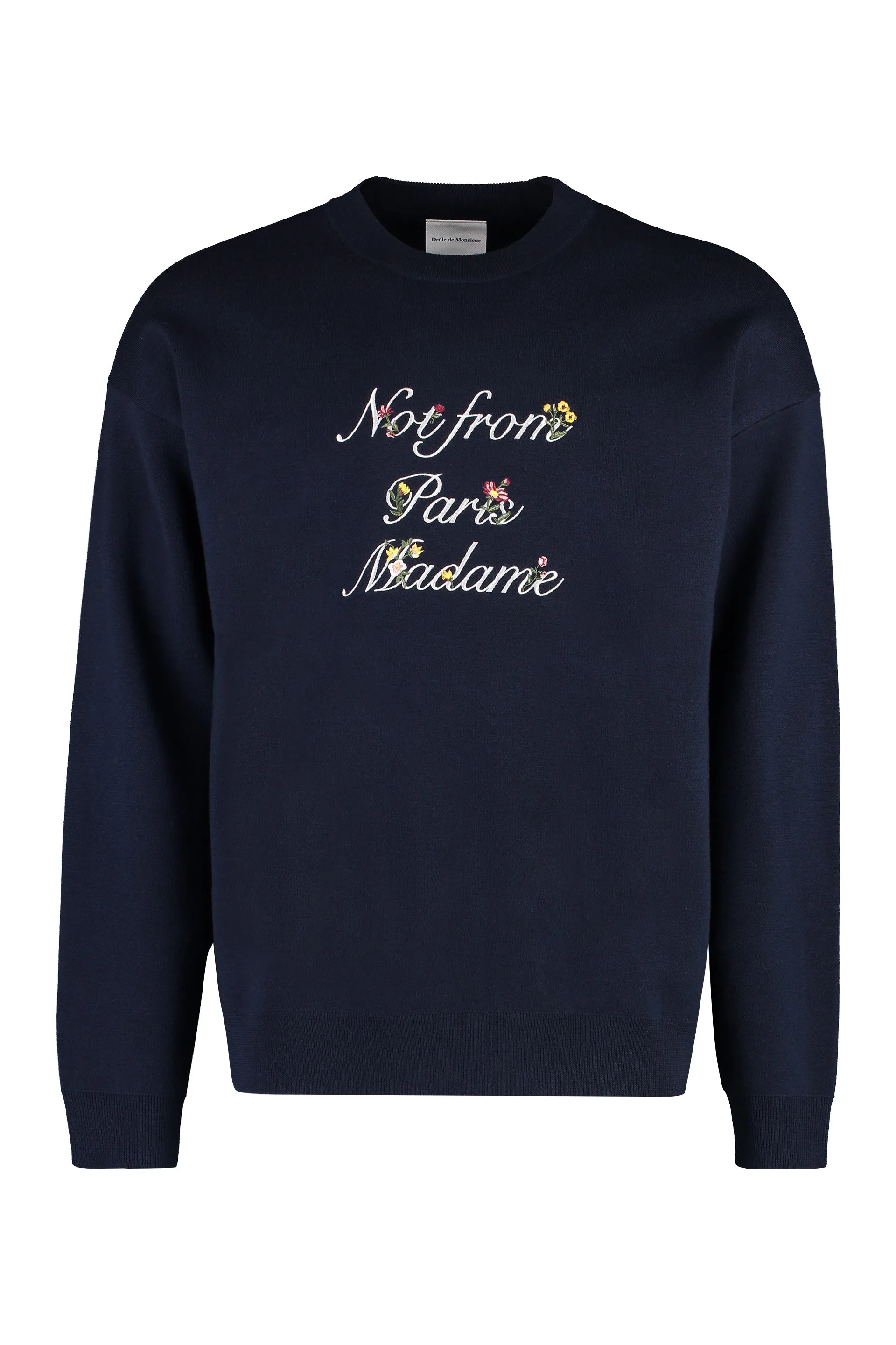 Drôle de Monsieur Maglione girocollo Slogan à Fleurs in lana merinos