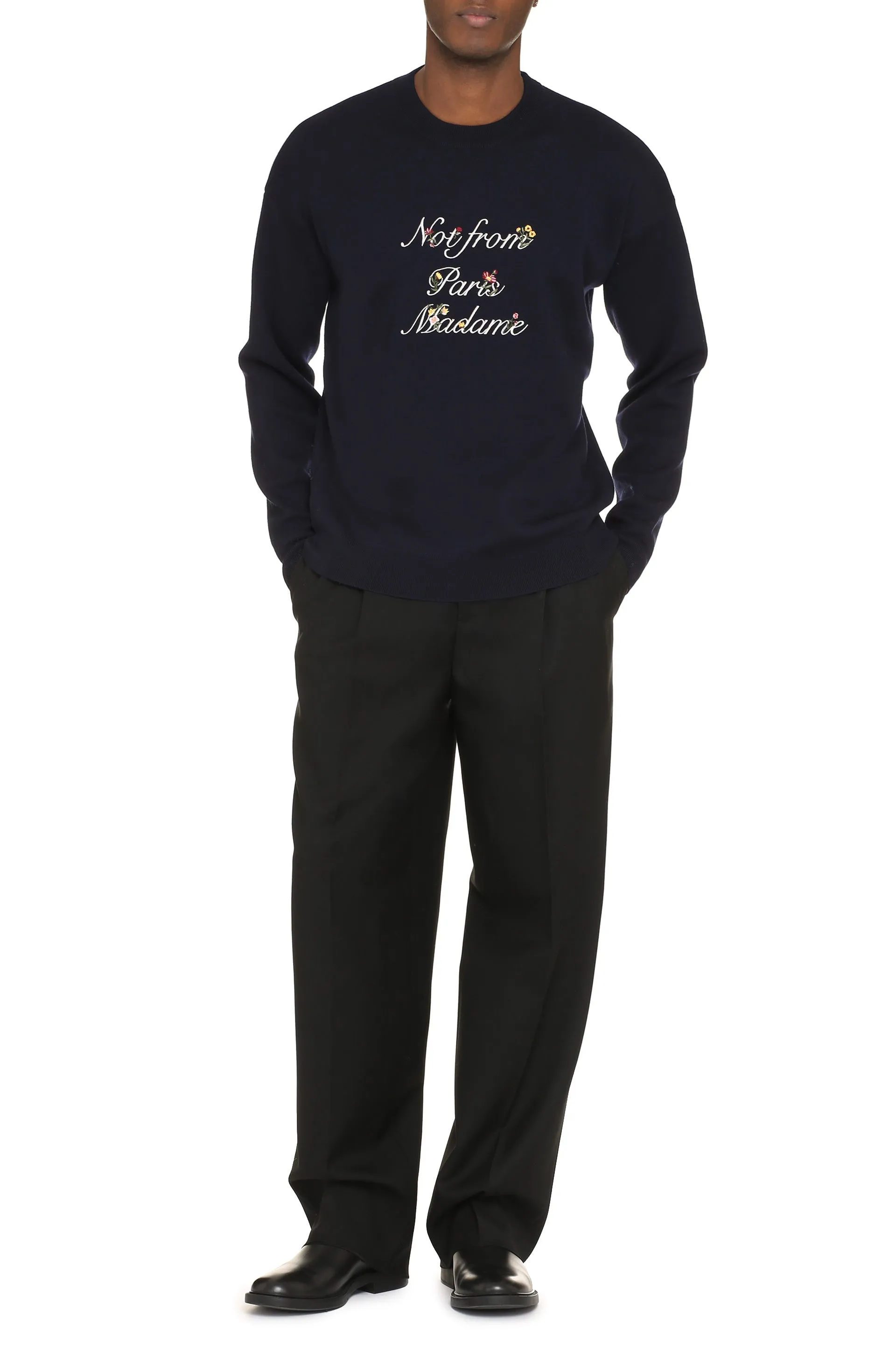 Drôle de Monsieur Maglione girocollo Slogan à Fleurs in lana merinos