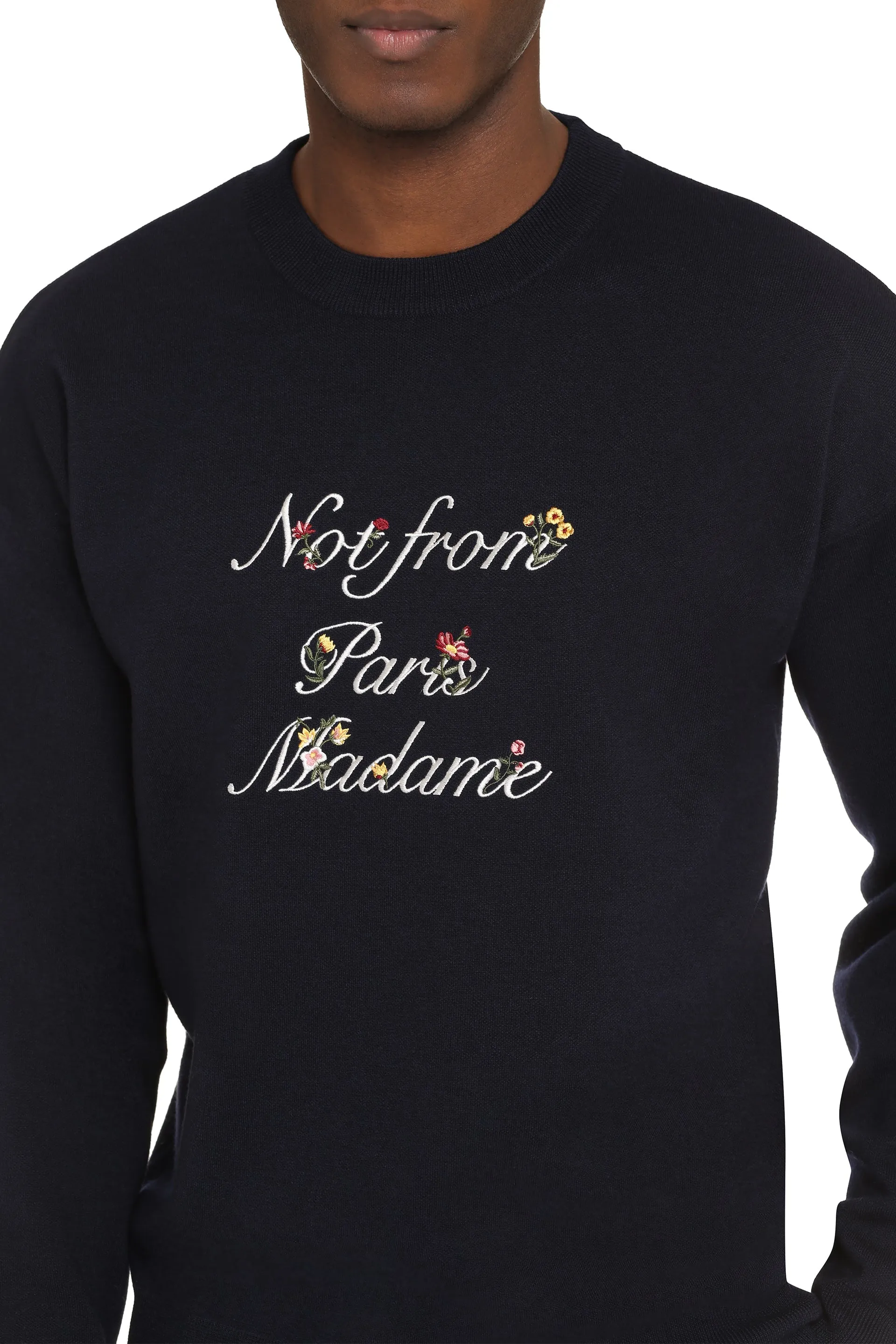 Drôle de Monsieur Maglione girocollo Slogan à Fleurs in lana merinos