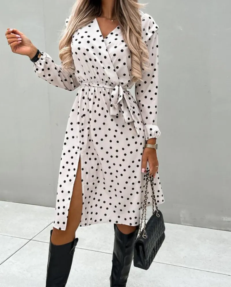 Elegante abito da pendolare con scollo a V a pois Abito da festa con allacciatura in vita a pois Primavera Autunno Casual manica