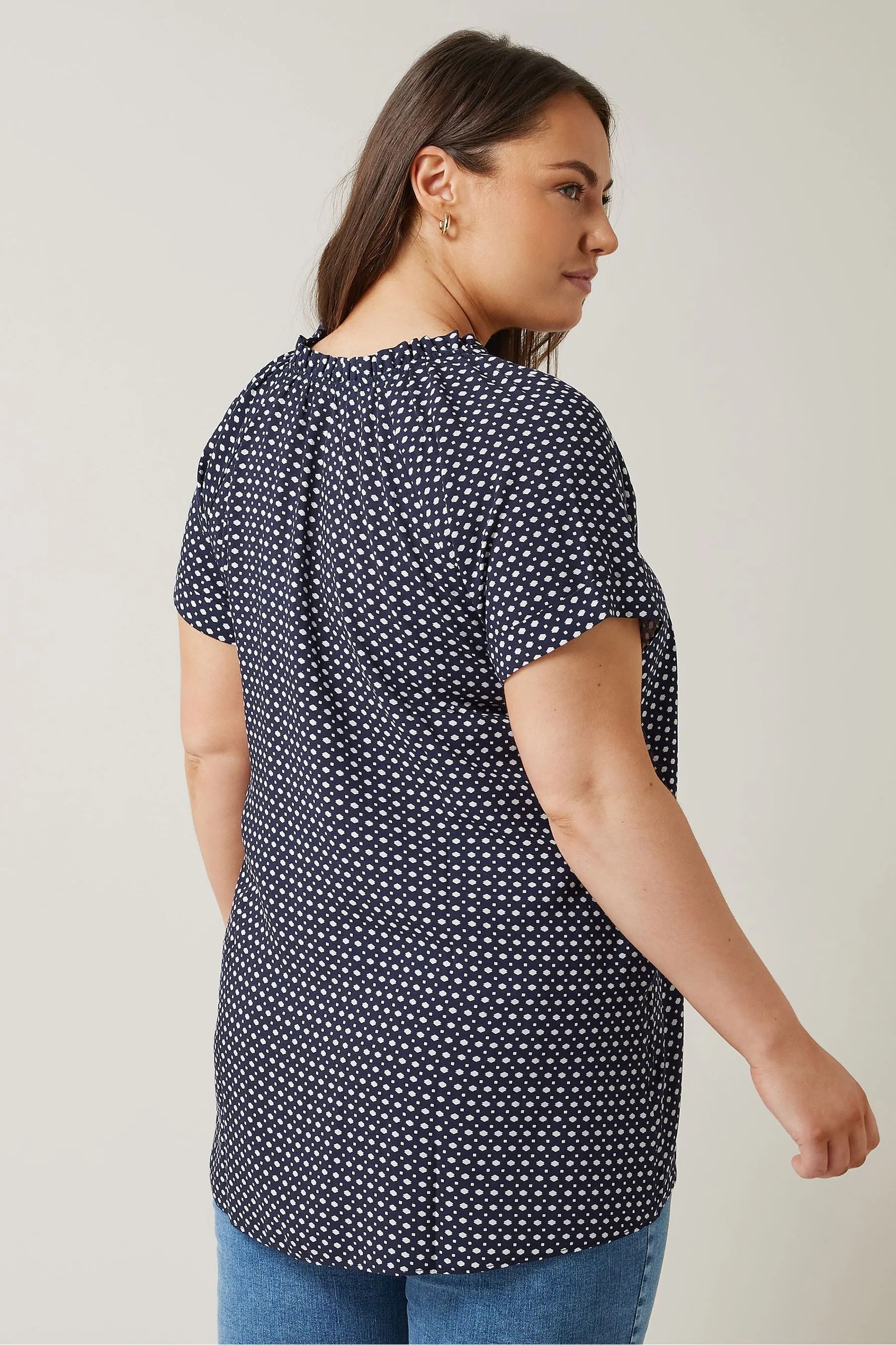 Evans Curve Dot Print Tie Neck Blouse    