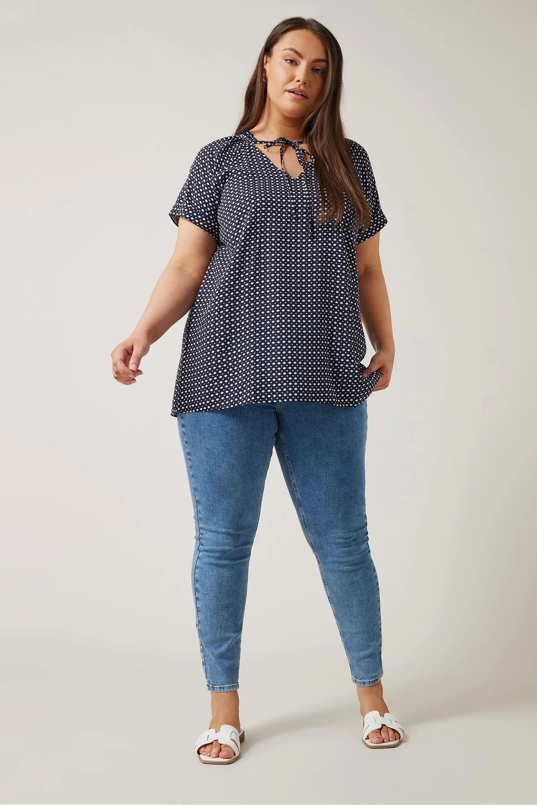 Evans Curve Dot Print Tie Neck Blouse    