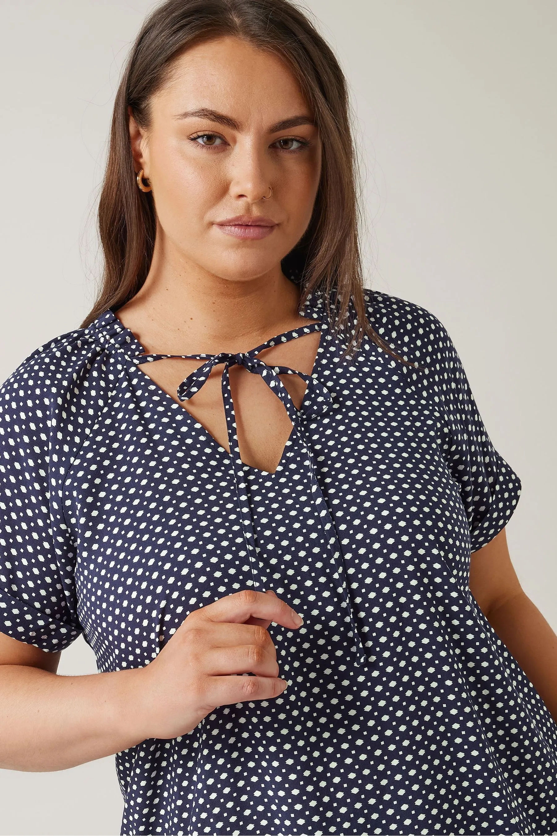 Evans Curve Dot Print Tie Neck Blouse    