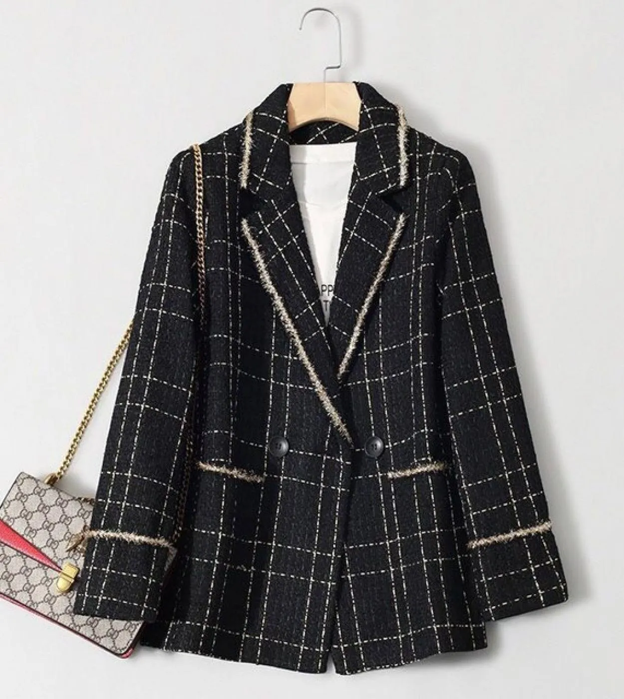 Gacvga 2022 Blazer da donna elegante a quadri con tasca Autunno Inverno Causale Cappotto in tweed a maniche lunghe Office Lady P