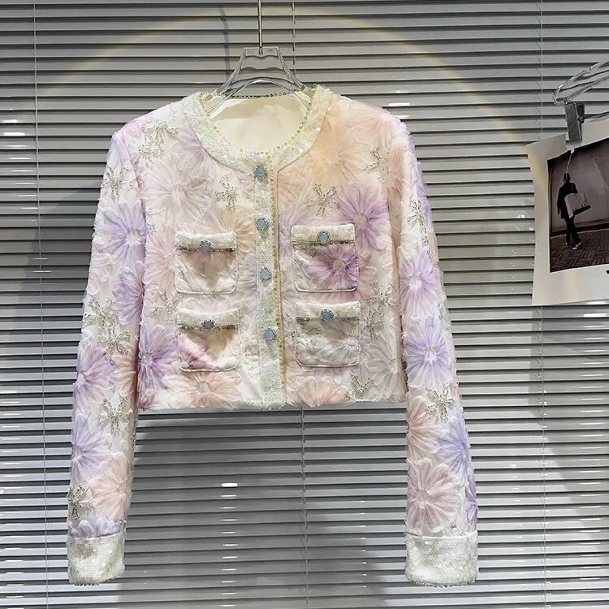Giacca corta con paillettes con perline e diamanti da donna di High Street 2023 del nuovissimo designer