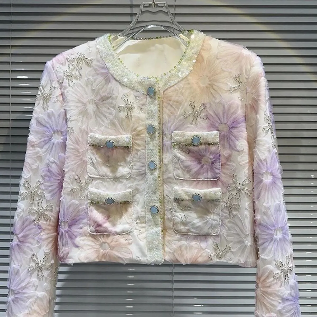 Giacca corta con paillettes con perline e diamanti da donna di High Street 2023 del nuovissimo designer