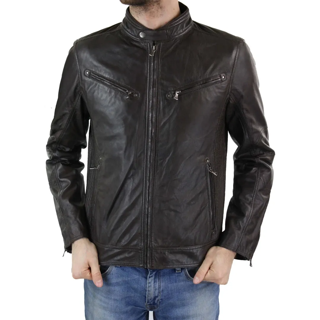 Giacca Corta Sagomata da Uomo in Vera Pelle con Zip Biker Elegante Casual