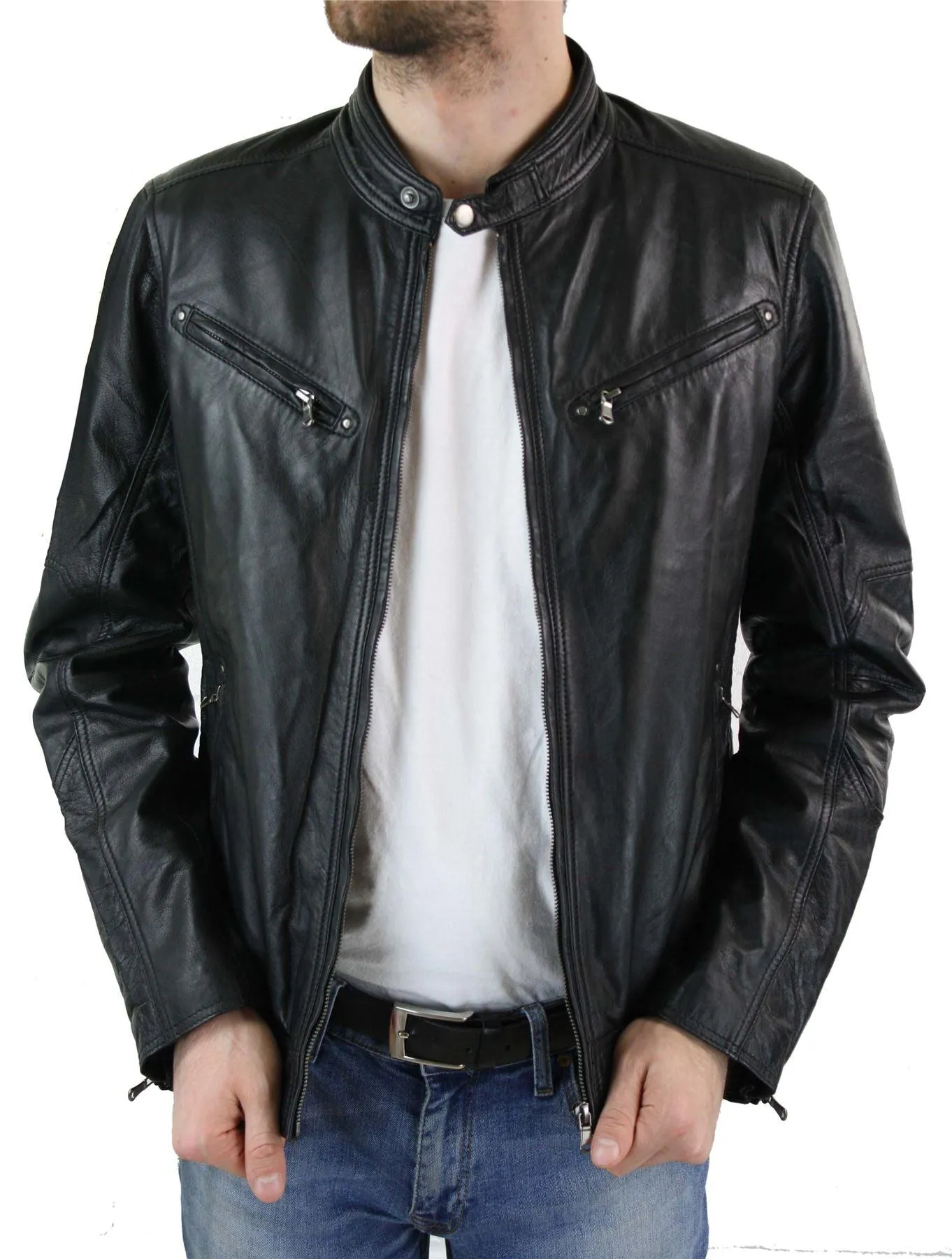 Giacca Corta Sagomata da Uomo in Vera Pelle con Zip Biker Elegante Casual
