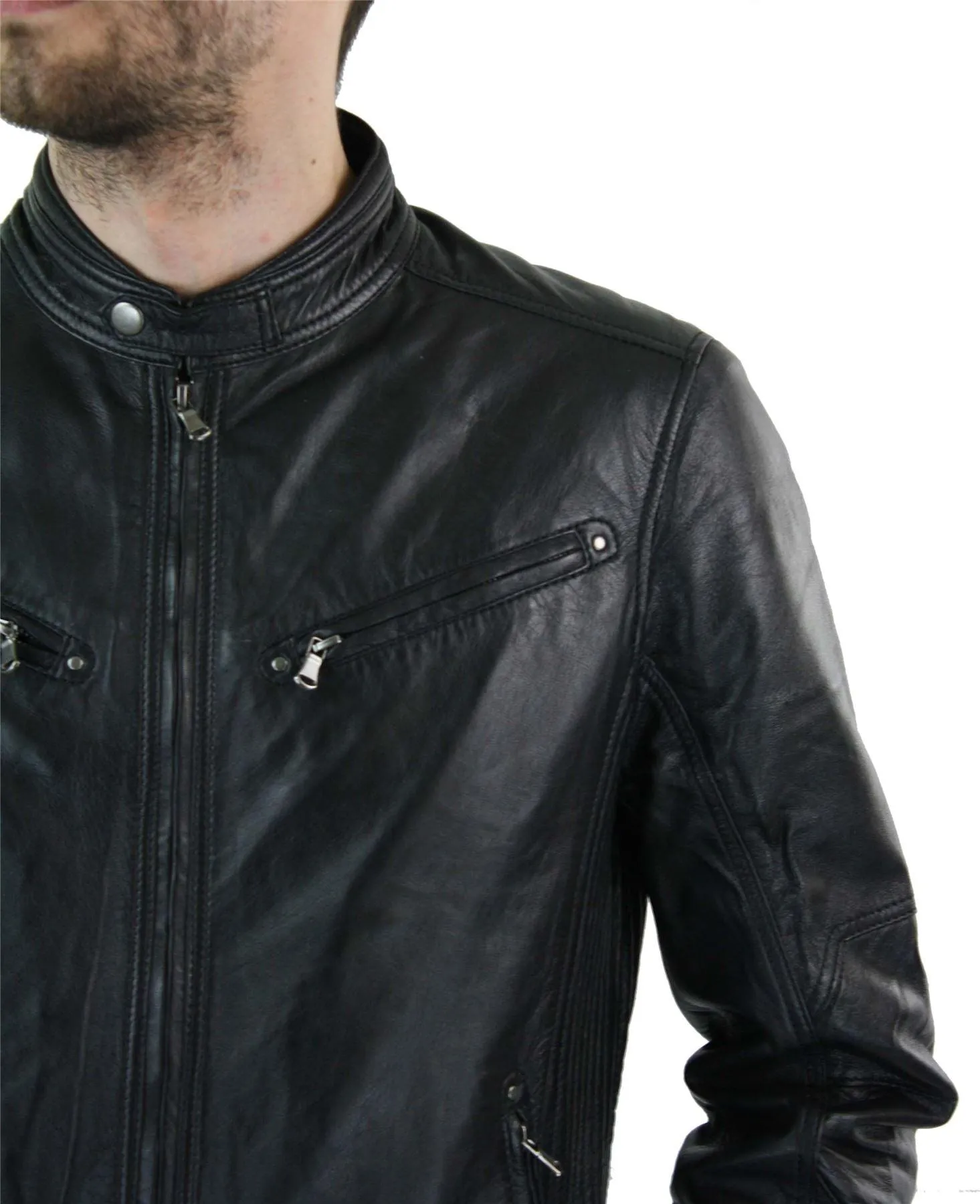 Giacca Corta Sagomata da Uomo in Vera Pelle con Zip Biker Elegante Casual