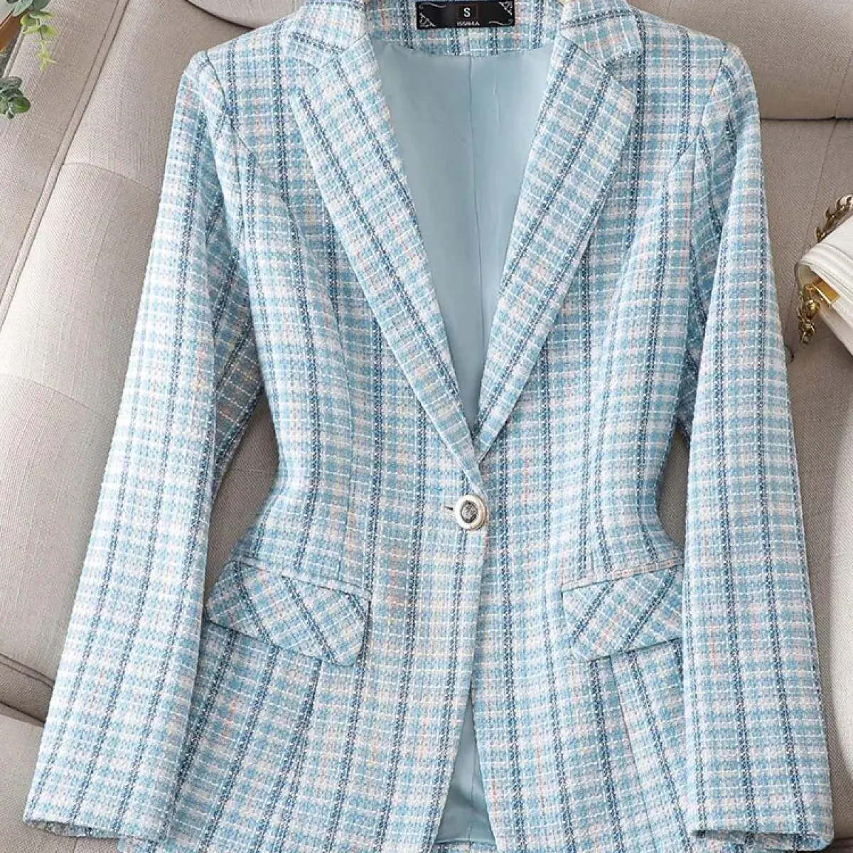 Giacca da donna da ufficio di nuovo arrivo Giacca formale da donna Manica lunga Blu scozzese albicocca Cappotto da lavoro femmin