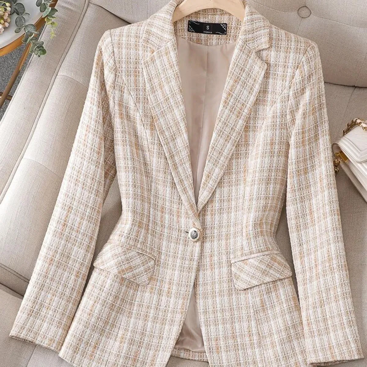 Giacca da donna da ufficio di nuovo arrivo Giacca formale da donna Manica lunga Blu scozzese albicocca Cappotto da lavoro femmin