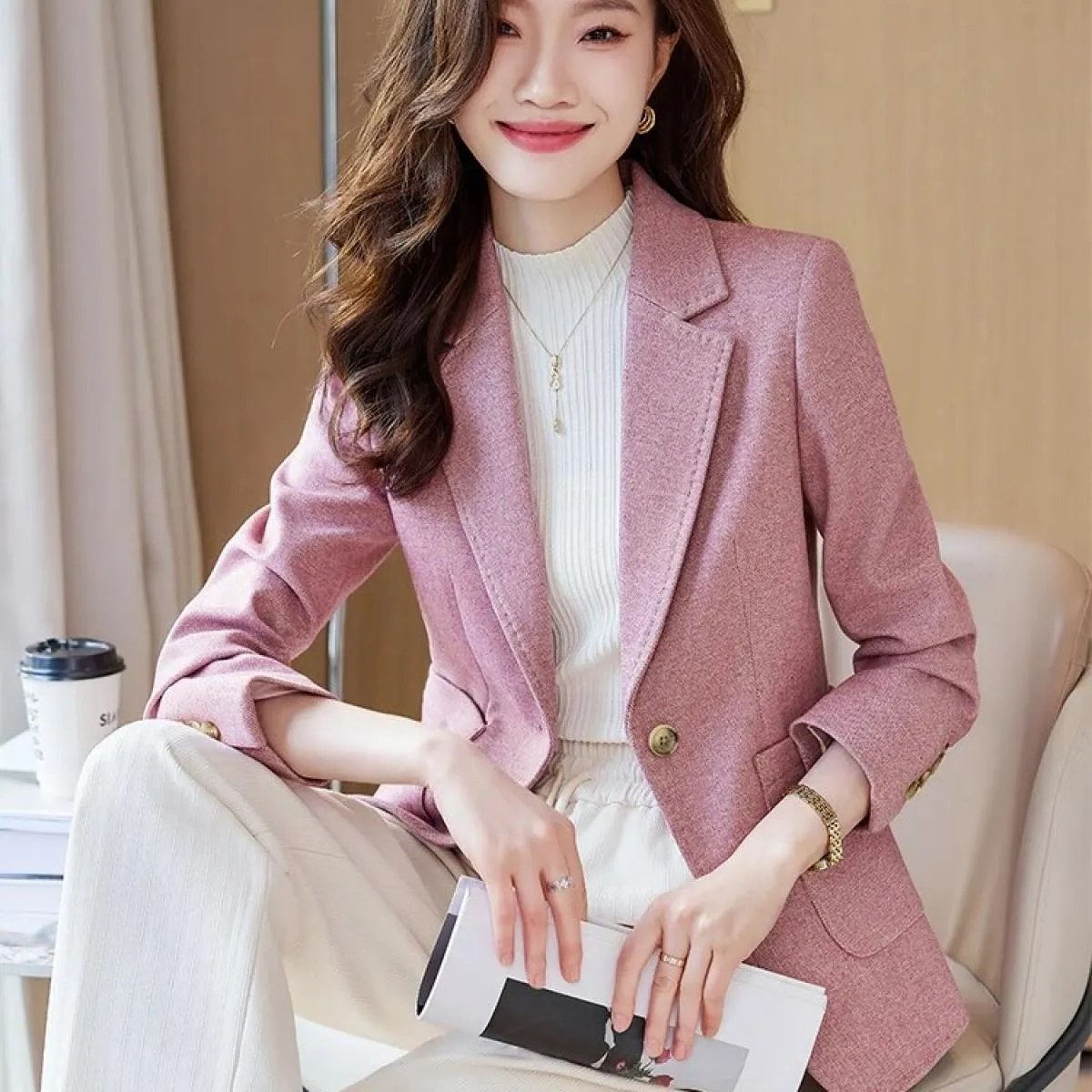 Giacca da donna di alta qualità rosa caffè Giacca autunno inverno da ufficio da donna Giacca da lavoro da lavoro Cappotto formal