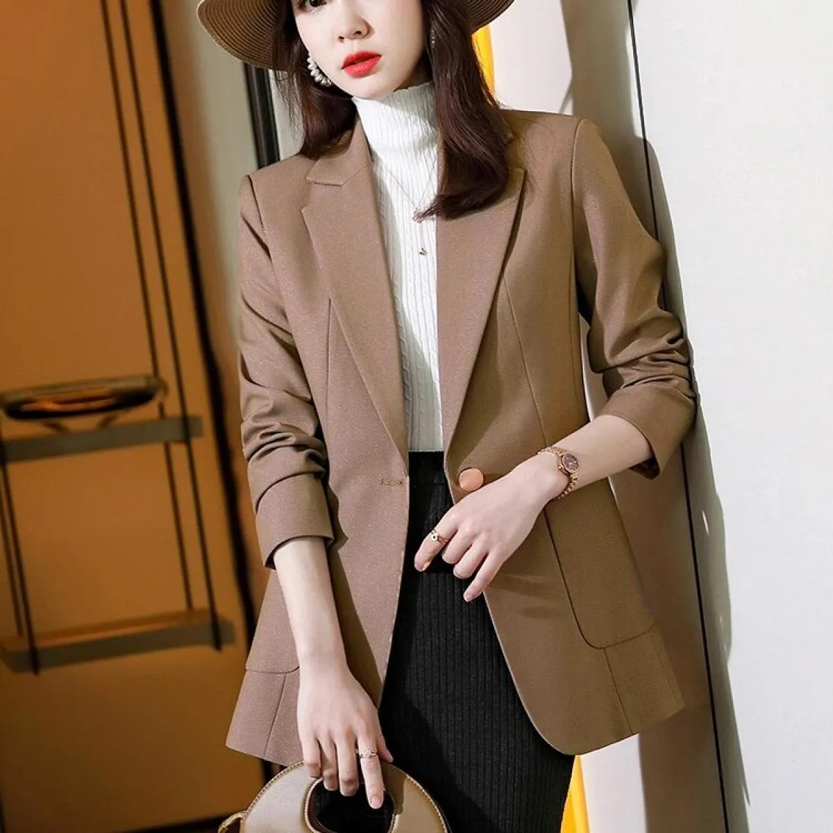 Giacca da donna formale di alta qualità con bottone singolo Giacca da donna Cappotto solido nero marrone kaki femminile per l'au