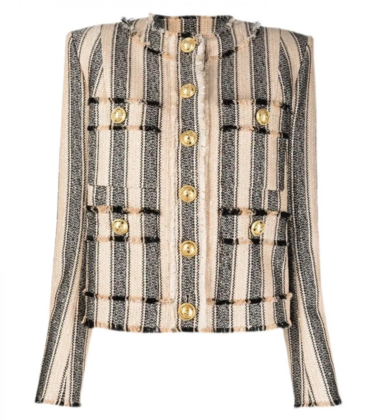Giacca da donna Tweed a righe con paillettes Sottile frangia girocollo Giacca con bottoni dorati Cappotto 2022 Nuovo autunno inv
