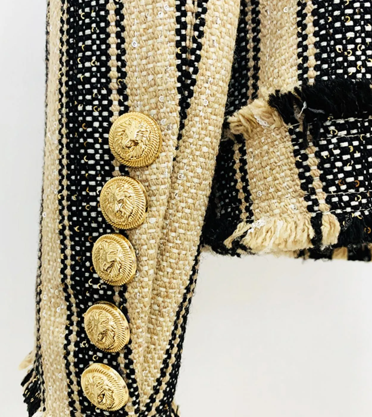 Giacca da donna Tweed a righe con paillettes Sottile frangia girocollo Giacca con bottoni dorati Cappotto 2022 Nuovo autunno inv