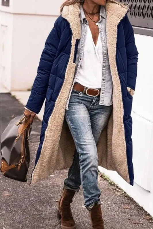 Giubbino Donna Double Face Lungo Interno Plaid Chiusura Zip Tasche Maniche Lunghe Casual