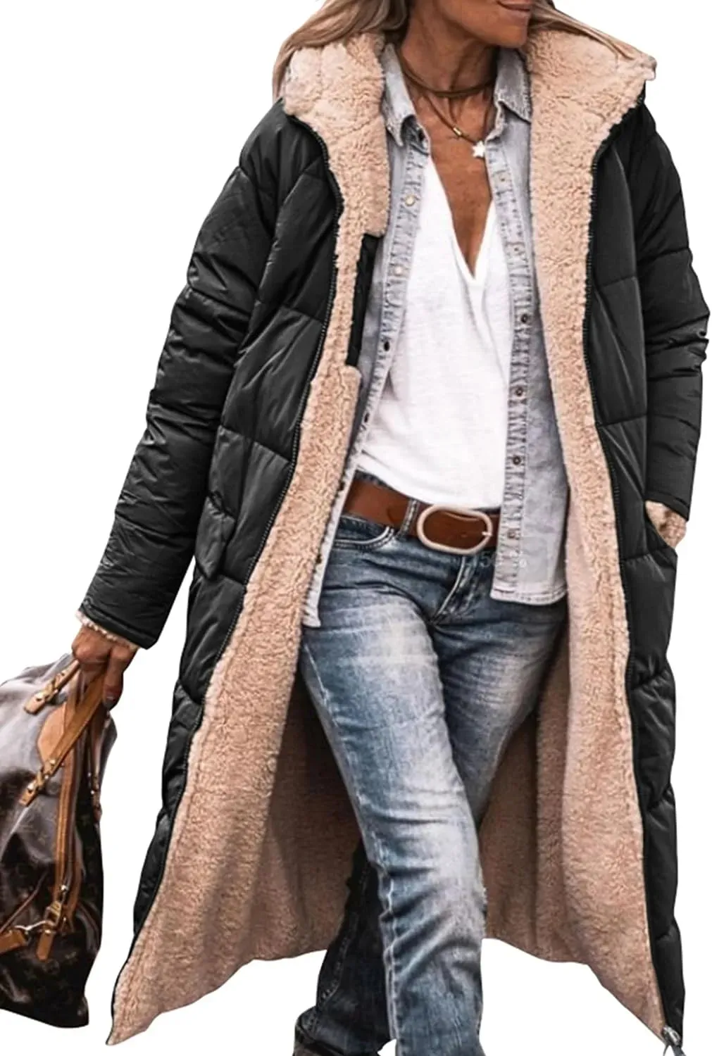 Giubbino Donna Double Face Lungo Interno Plaid Chiusura Zip Tasche Maniche Lunghe Casual