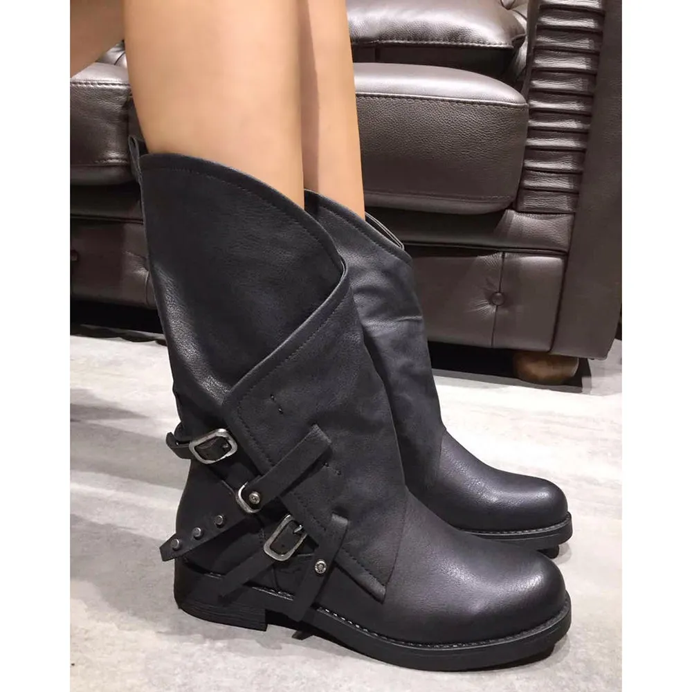 IF Fashion Stivali Stivaletti Biker Motociclista Da Donna Polpaccio Largo Con Fibbie E Borchie G636